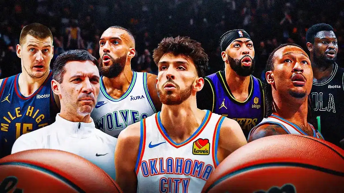 Thunder's Mark Daigneault, Chet Holmgren and Jaylin Williams with Nikola Jokic, Rudy Gobert, Anthony Davis and Zion Williamson