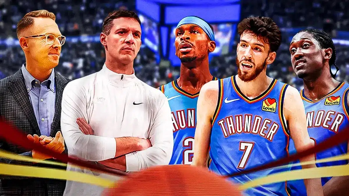 Thunder's Sam Presti, Mark Daigneault, Shai Gilgeous-Alexander, Chet Holmgren and Jalen Williams