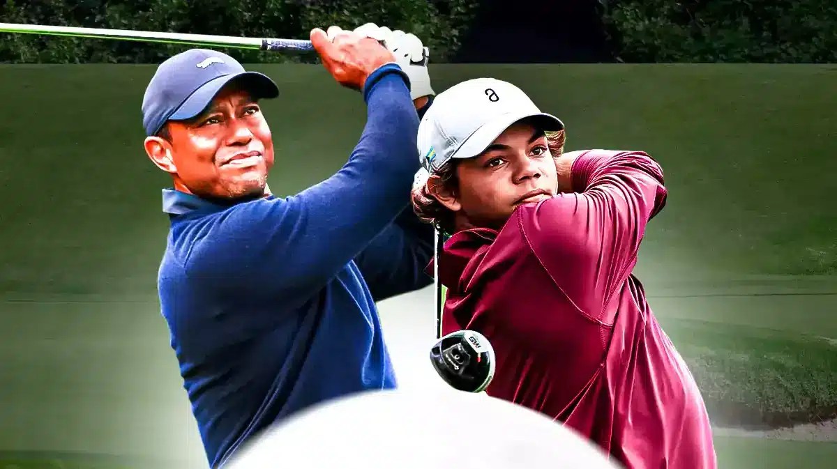 Charlie Woods and Tiger Woods both swinging golf clubs.