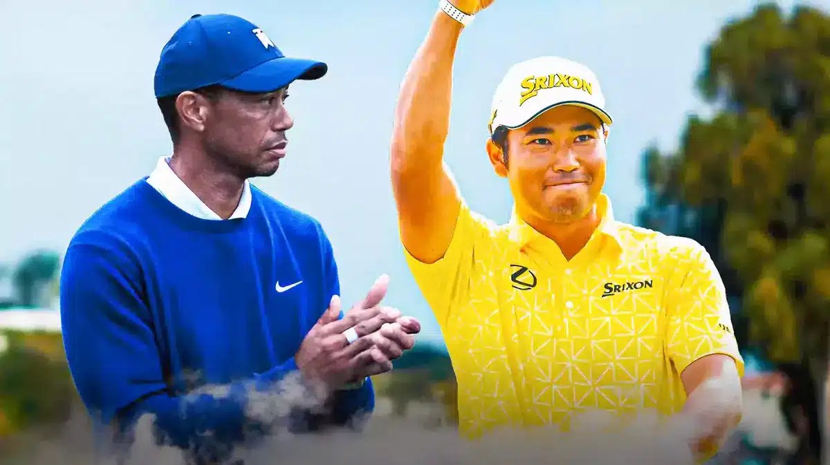 Tiger Woods with Hideki Matsuyama after defeating Patrick Cantlay at Genesis Invitational
