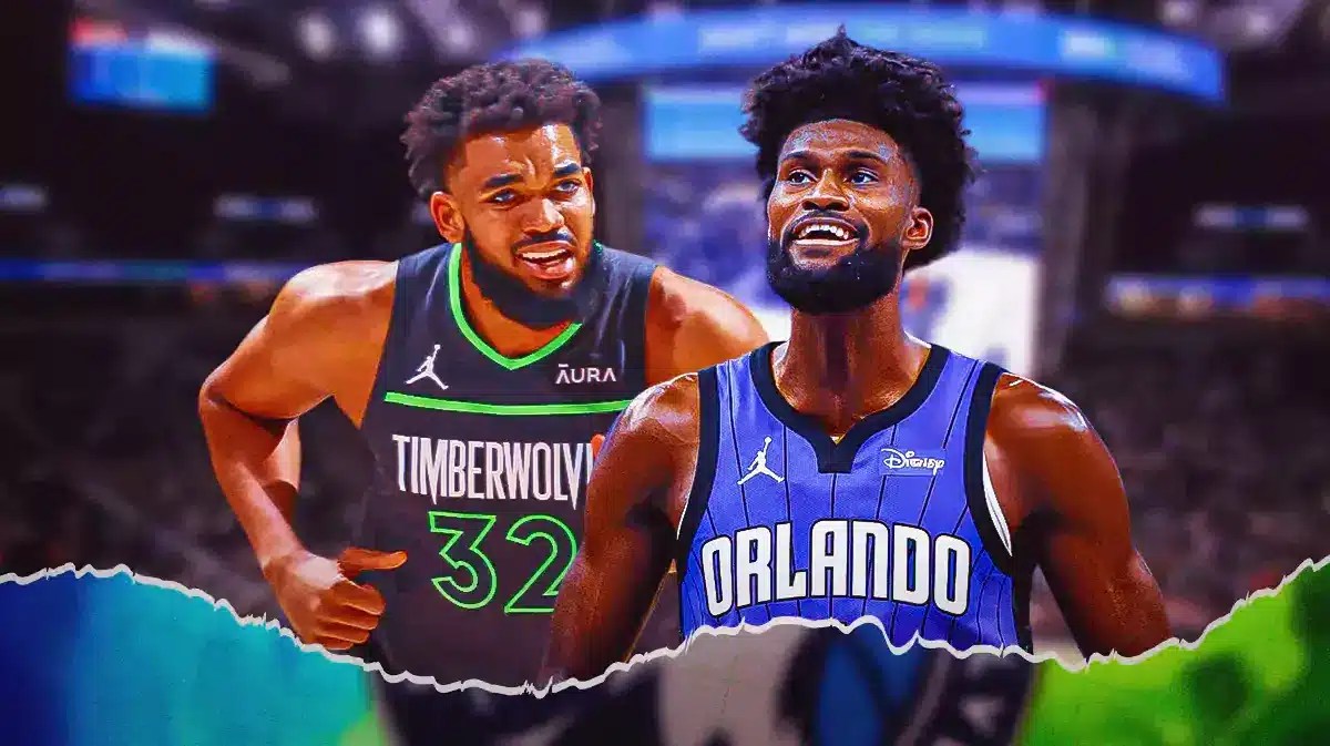 Timberwolves' Karl-Anthony Towns looking upset, Magic’s Jonathan Isaac smiling
