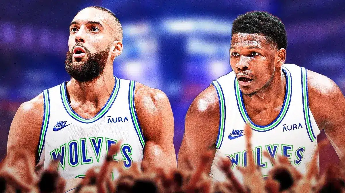 NBA players Rudy Gobert and Anthony Edwards in Minnesota Timberwolves uniforms