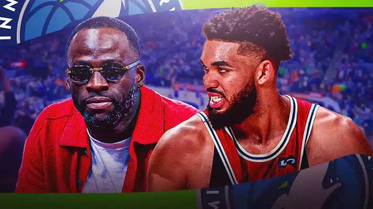Draymond Green in casual clothes, Karl-Anthony Towns in West All-Star jersey, Minnesota Timberwolves, 2024 All-Star Game