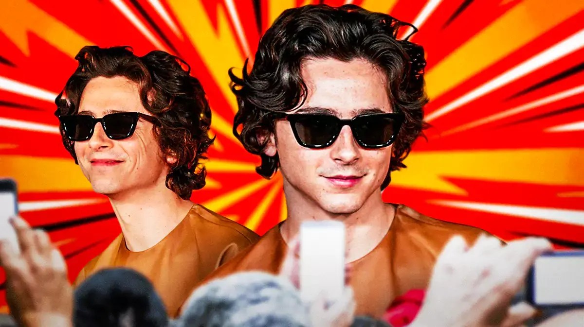 Timothée Chalamet with superhero background.