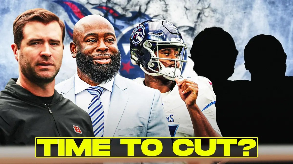 Brian Callahan, Ran Carthon, Malik Willis all beside each other, and Tennessee Titans wallpaper in the background.