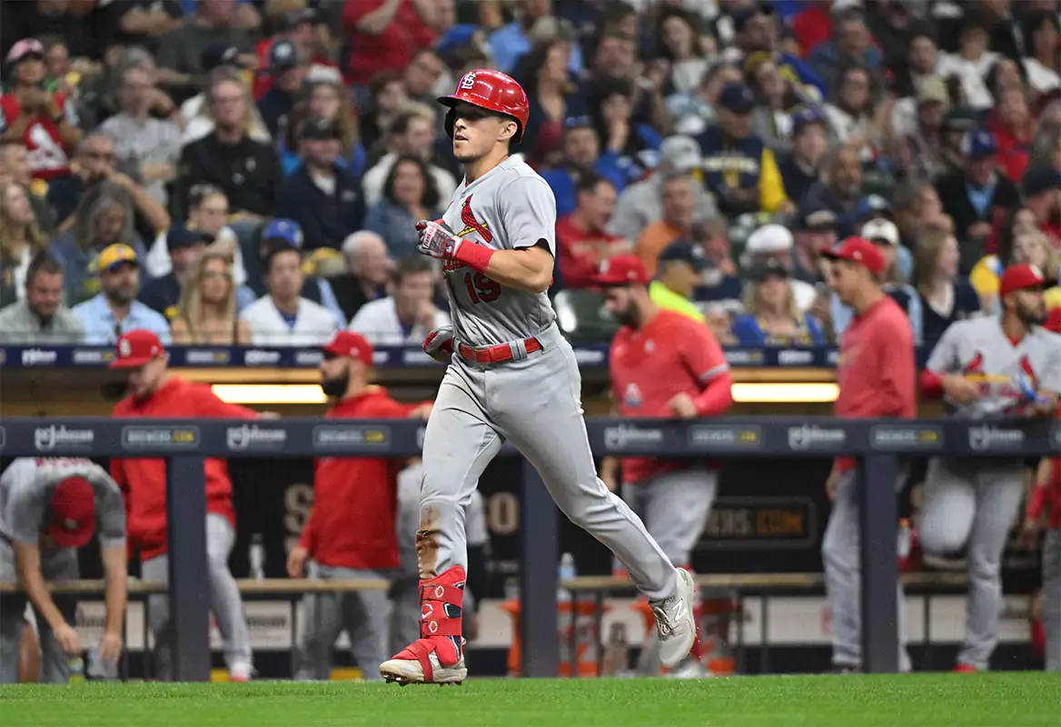 St. Louis Cardinals shortstop Tommy Edman (19) rounds the bases after hitting a home run against the Milwaukee Brewers in the fifth inning at American Family Field