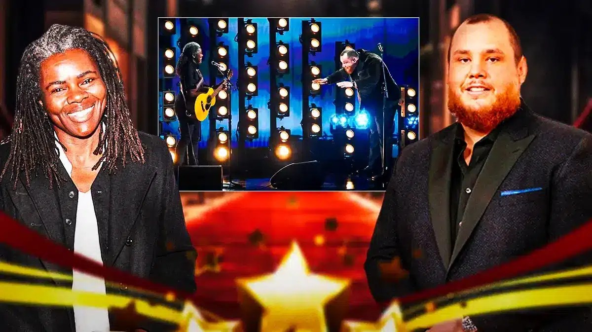 Tracy Chapman, Luke Combs and a split screen of them performing together at the Grammys