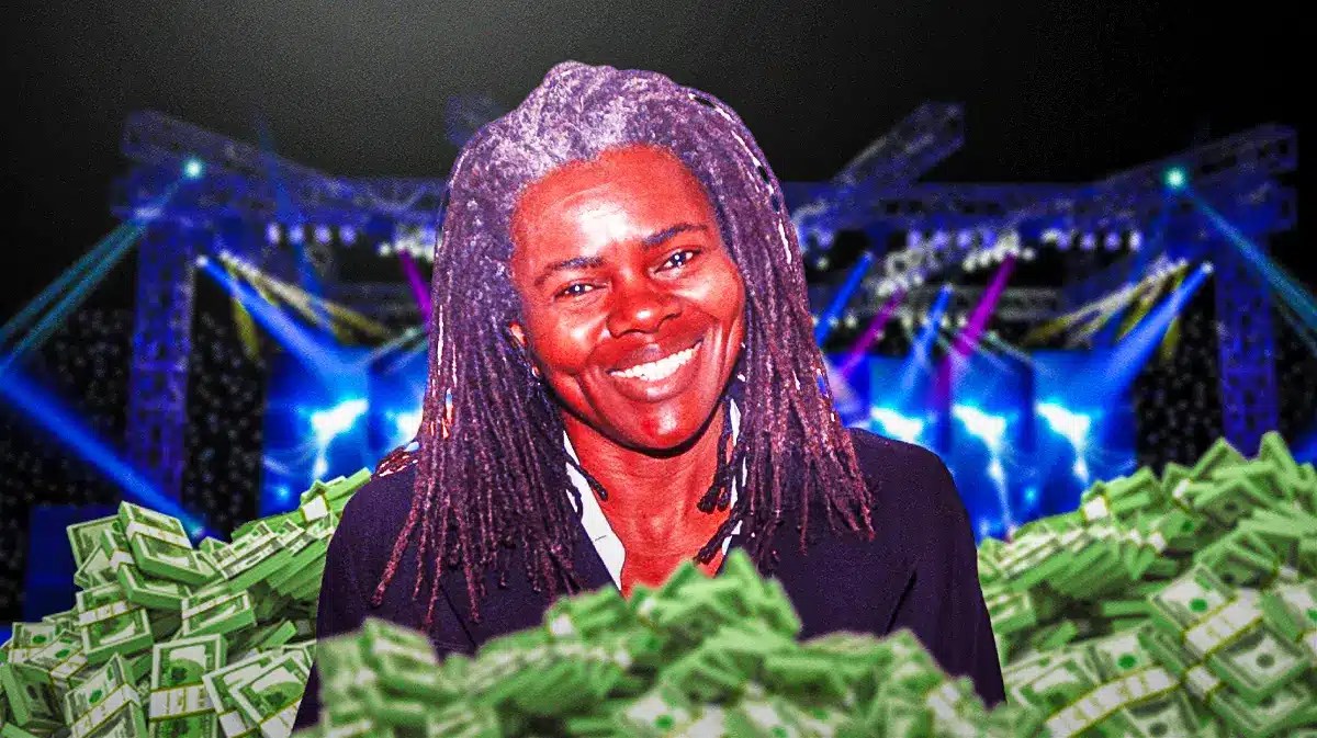 Tracy Chapman surrounded by piles of cash.
