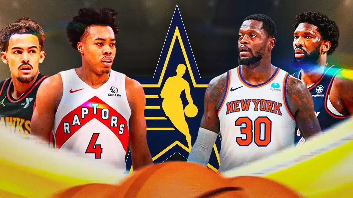 Trae Young and Scottie Barnes with All-Star logo next to Julius Randle and Joel Embiid