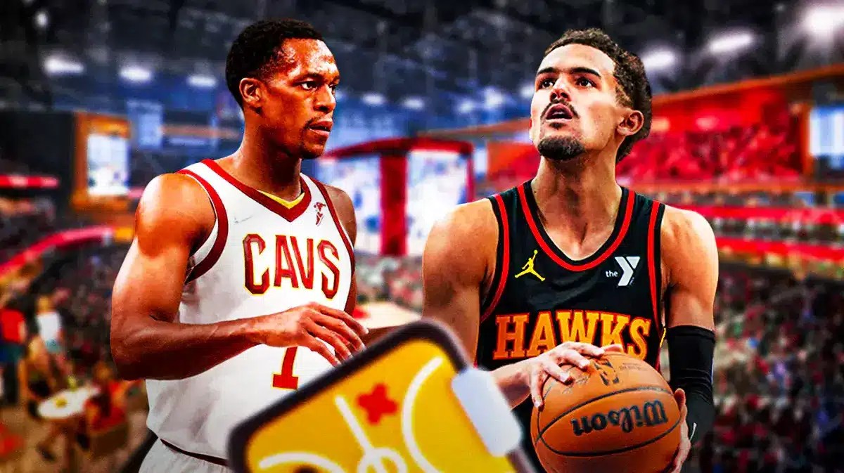Former player Rajon Rondo and Atlanta Hawks star Trae Young in front of State Farm Arena.