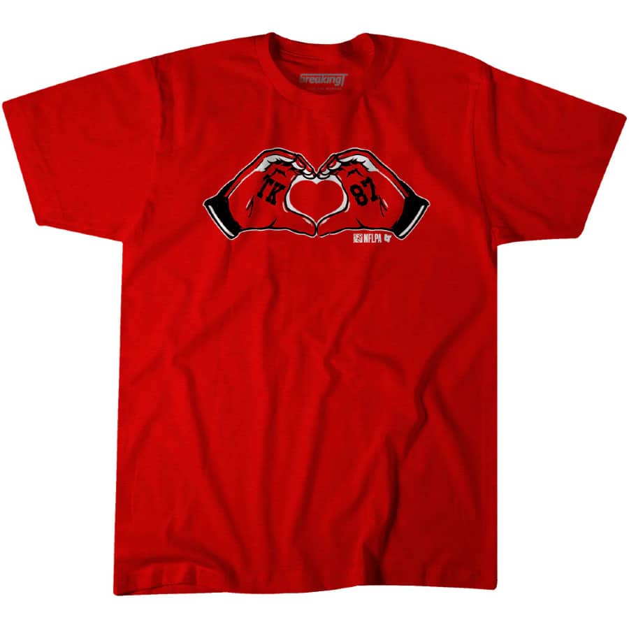 Travis Kelce Heart Hands T-Shirt - Red colored on white background.
