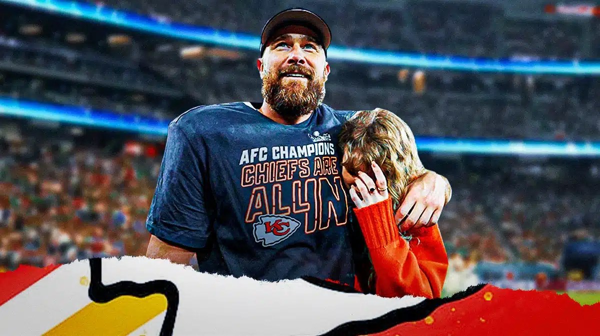 Chiefs, 49ers, Super Bowl, Travis Kelce, Taylor Swift, Travis Kelce and Taylor Swift with Allegiant Stadium in the background