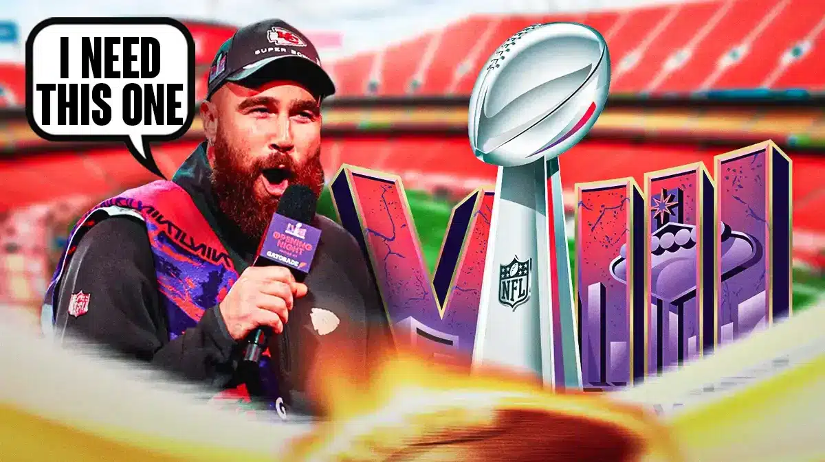Travis Kelce saying “I need this one” with Super Bowl 58 logo next to him