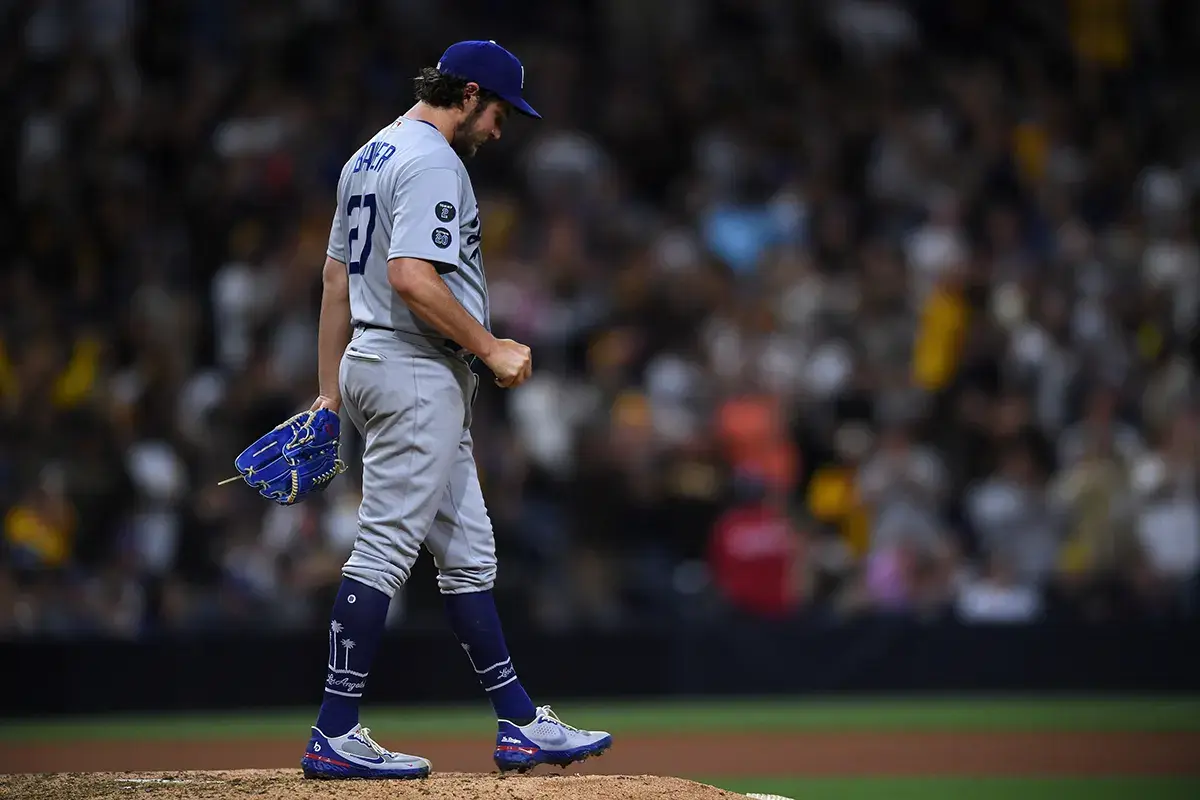 Los Angeles Dodgers starting pitcher Trevor Bauer (27) looks on after giving up a home run to San Diego Padres catcher Victor Caratini (not pictured) during the seventh inning at Petco Park