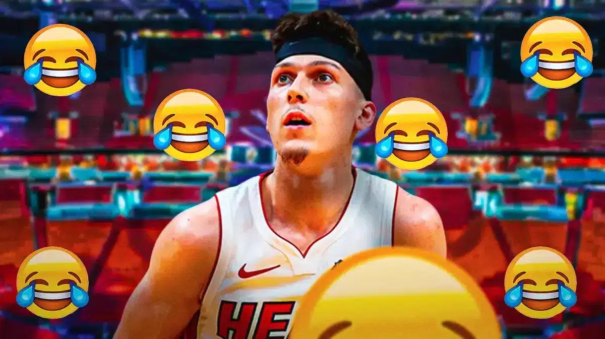 Miami Heat star Tyler Herro around laughing emojis in front of the Kaseya Center.