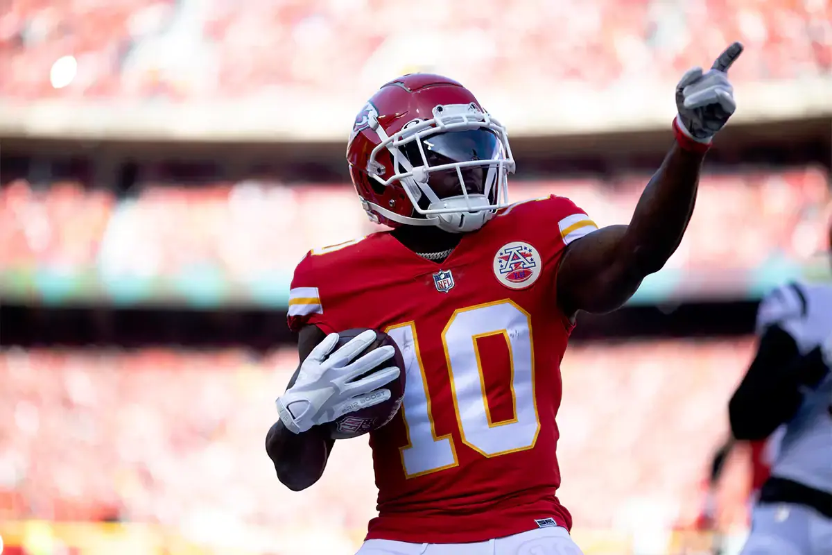 Kansas City Chiefs wide receiver Tyreek Hill (10) celebrates after a first down catch in the first quarter during the AFC championship NFL football game