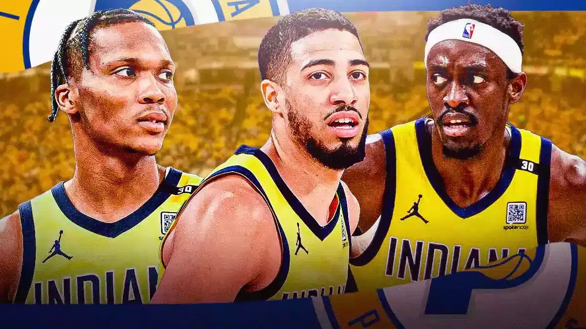 Tyrese Haliburton, Pascal Siakam and Bennedict Mathurin with the Pacers arena in the background