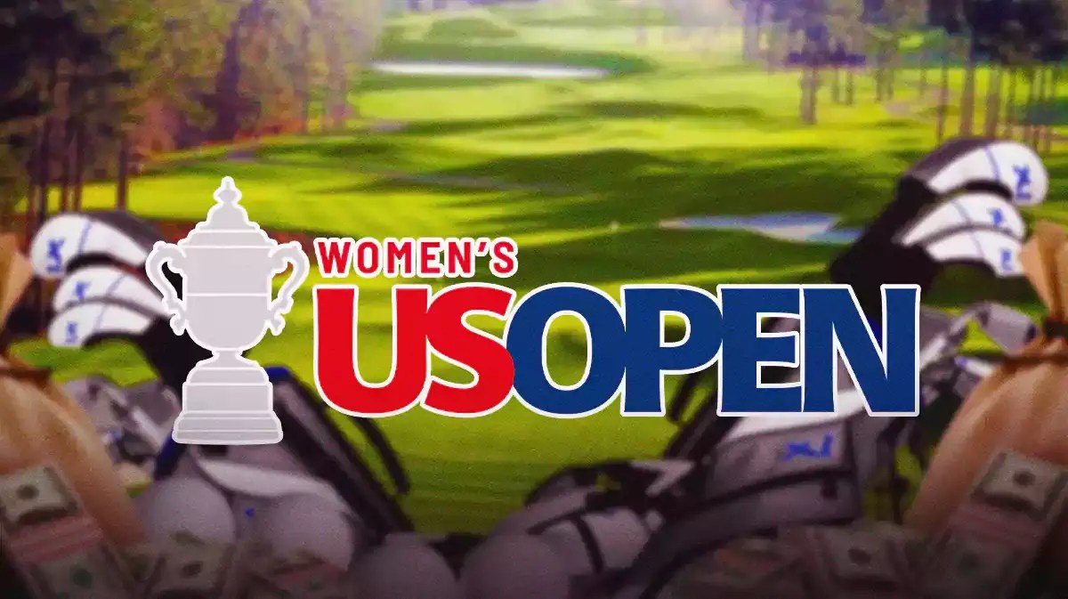 The U.S. Women’s Open logo on a golf course, surrounded by piles of money and golf balls/golf clubs