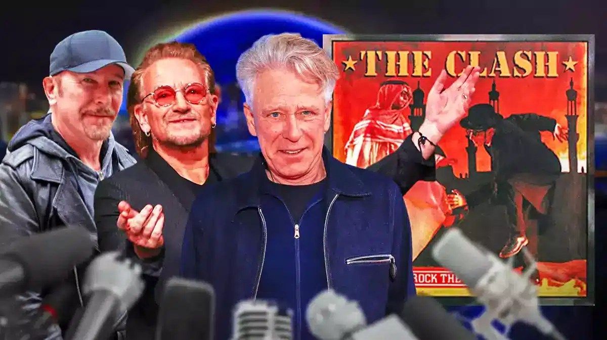 U2 members The Edge, Bono, Adam Clayton with the clash Rock the Casbah and Sphere background.