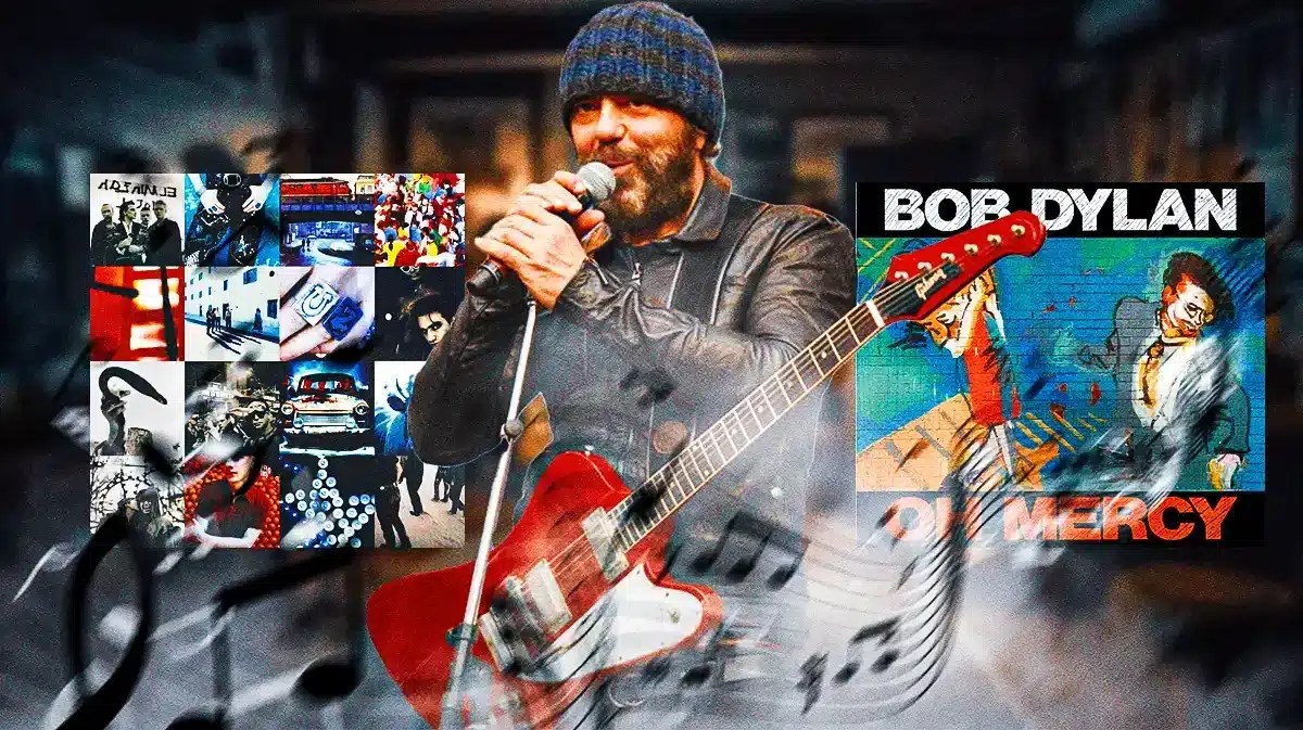 Danois Lanois with U2 Achtung Baby and Bob Dylan Oh Mercy albums.