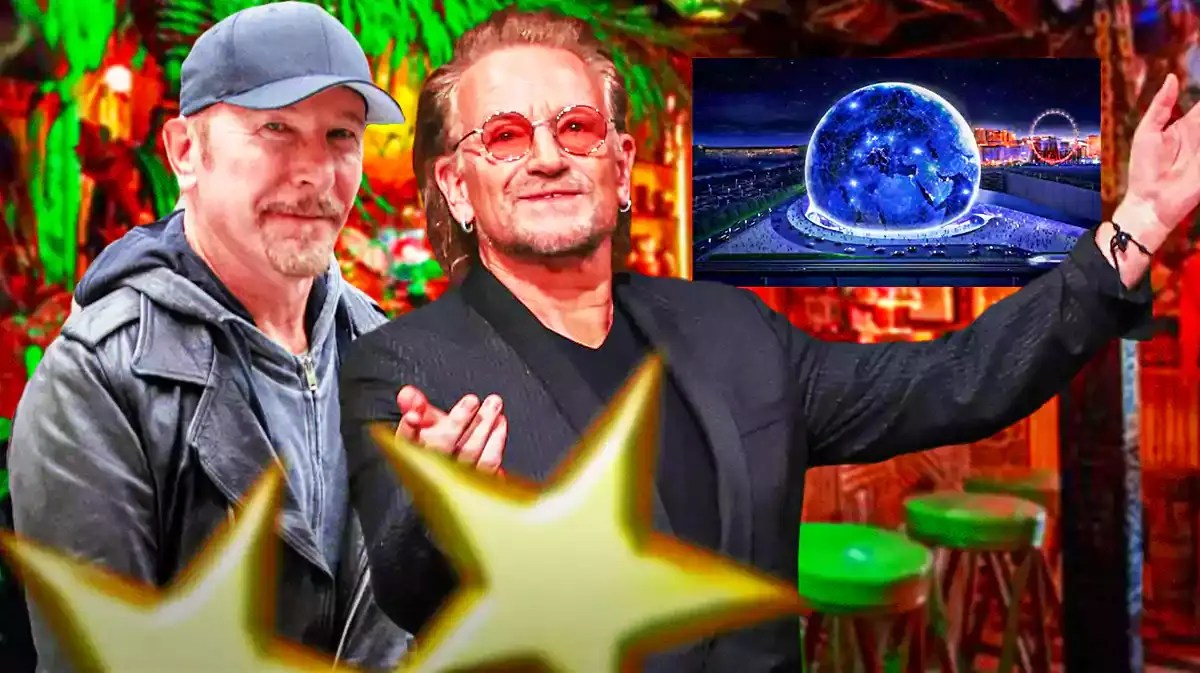 U2 The Edge and Bono with tiki bar background and MSG Sphere.