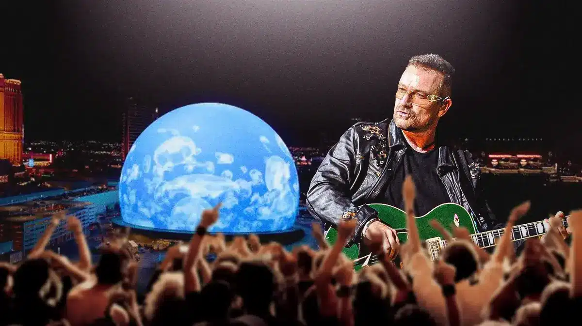 MSG Sphere, U2 singer Bono with crowd beneath him.