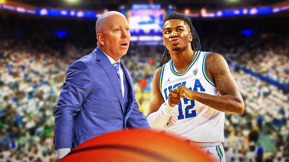 UCLA basketball, Mick Cronin, Sebastian Mack, Sebastian Mack ejection, Bruins, Mick Cronin and Sebastian Mack with UCLA basketball arena in the background