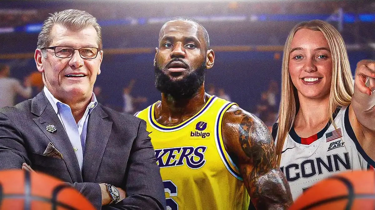 UConn women’s basketball coach Geno Auriemma, LeBron James, and UConn women’s basketball player Paige Bueckers