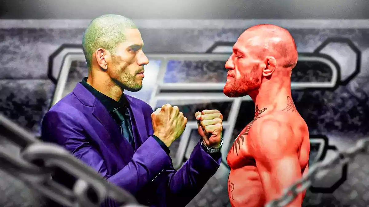Alex Pereira facing off Conor MCgregor, the UFC logo behind them