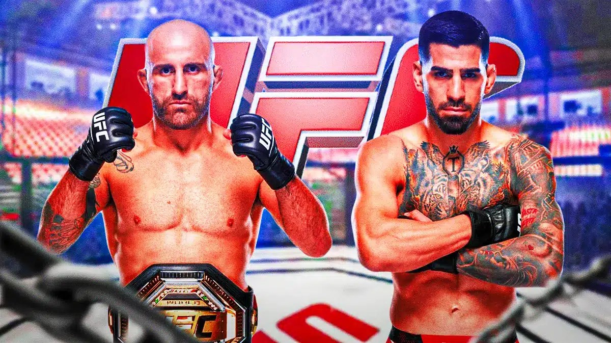 Alexander Volkanovski saying: ‘Levels ahead’ next to Ilia Topuria, the UFC logo behind them