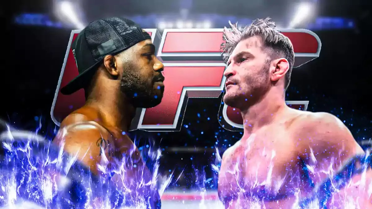 Jon Jones facing off Stipe Miocic in front of the UFC logo, blue fire around them