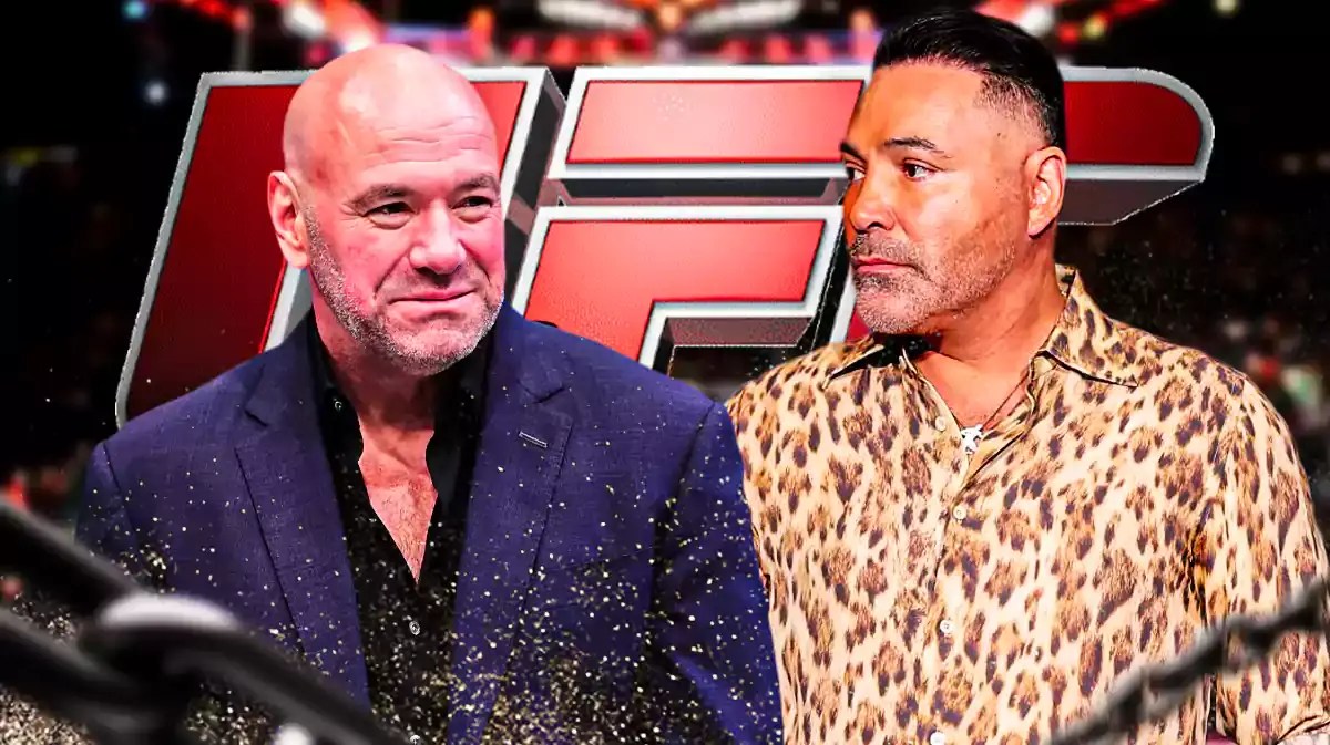 Dana White and Oscar De La Hoya in front of the UFC logo