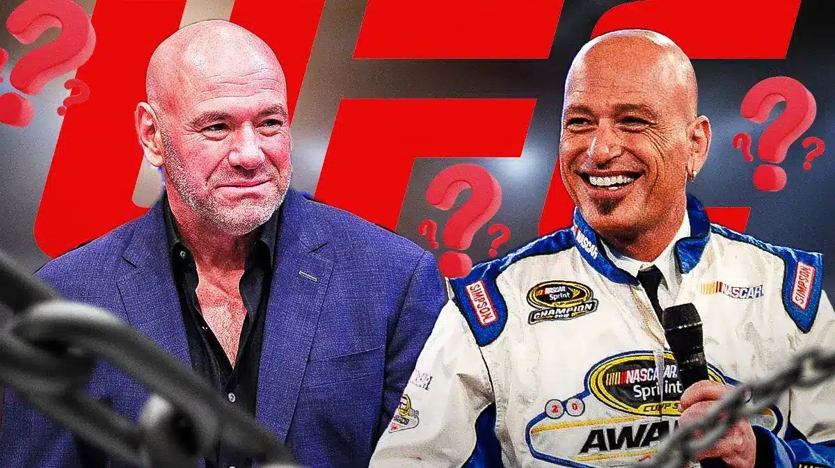Dana White and Howie Mandel in front of the UFC logo, questionmarks around them