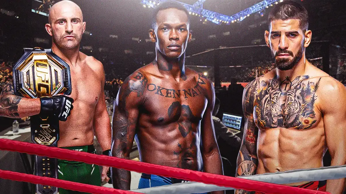 Israel Adesanya in the middle, Alexander Volkanovski vs Ilia Topuria on the sides