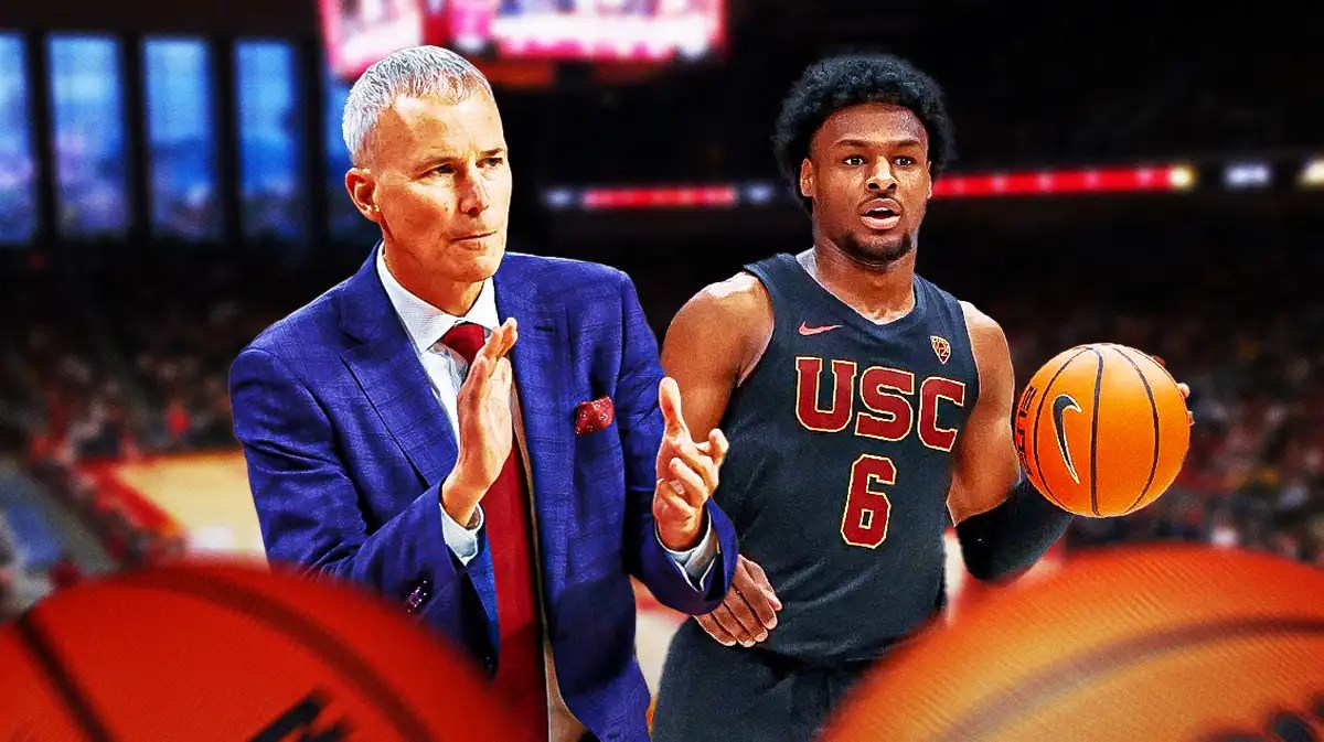 USC basketball, Trojans, Bronny James, Andy Enfield, Utah basketball, Andy Enfield and Bronny James (in USC uni) with USC basketball arena in the background