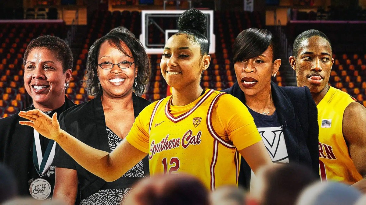 JuJu Watkins with Cheryl Miller, Cynthia Cooper, Tina Thompson and DeMar DeRozan around her with the USC Trojans arena in the background