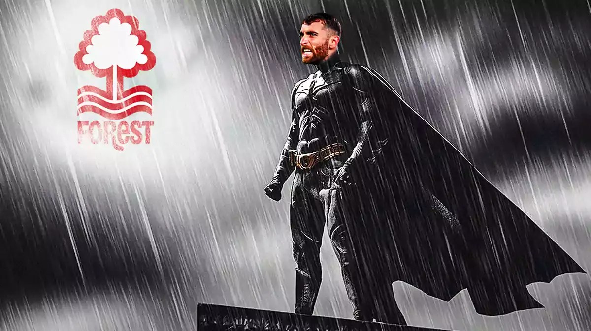 Matt Turner as Batman, the Nottingham Forest logo on the sky over the Batman logo