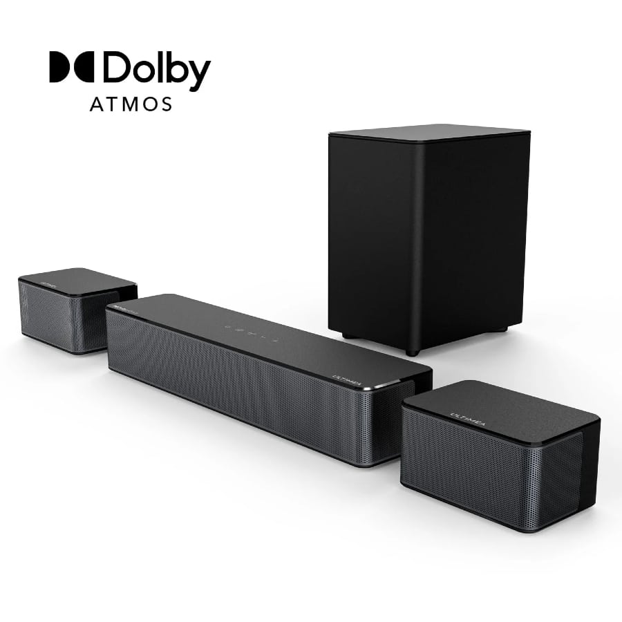 Ultimea 5.1 Dolby Atmos Sound Bar with Wireless Subwoofer on a white background.