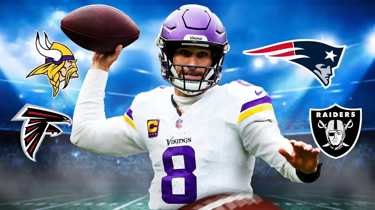 Kirk Cousins surrounded by Vikings, Patriots, Falcons, Raiders logos.
