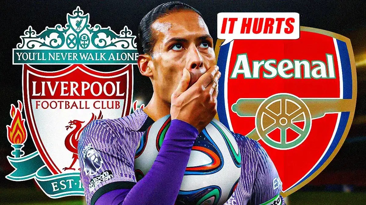 Virgil van Dijk saying: ‘It hurts’ in front of the Liverpool and Arsenal logos