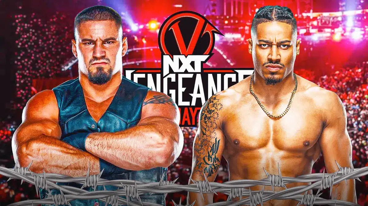 Bron Breakker and Carmelo Hayes with the NXT Vengeance Day logo as the background.