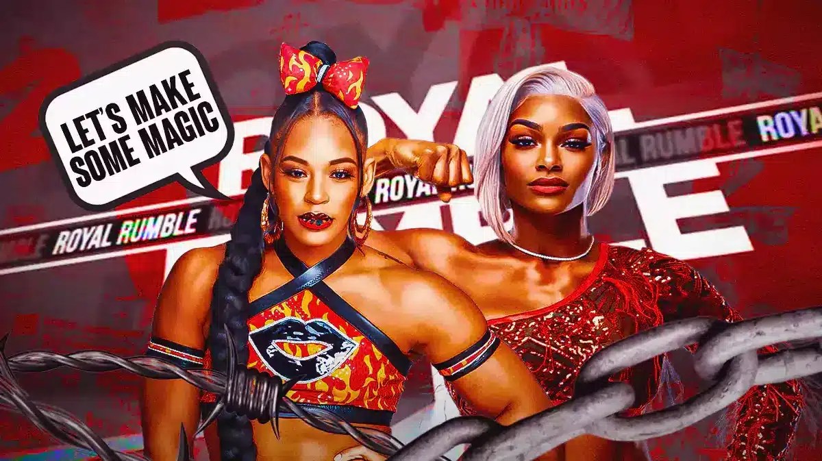 Bianca Belair with a text bubble reading “Let’s make some magic” next to Jade Cargill with the 2024 Royal Rumble logo as the background.