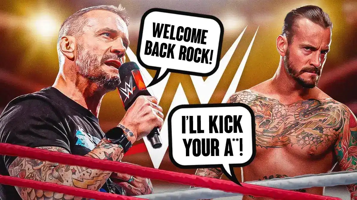 2024 CM Punk with a microphone and a text bubble reading “Welcome back Rock!” next to 2013 CM Punk with a microphone and a text bubble reading “I’ll kick your a**!” with the WWE logo as the background.