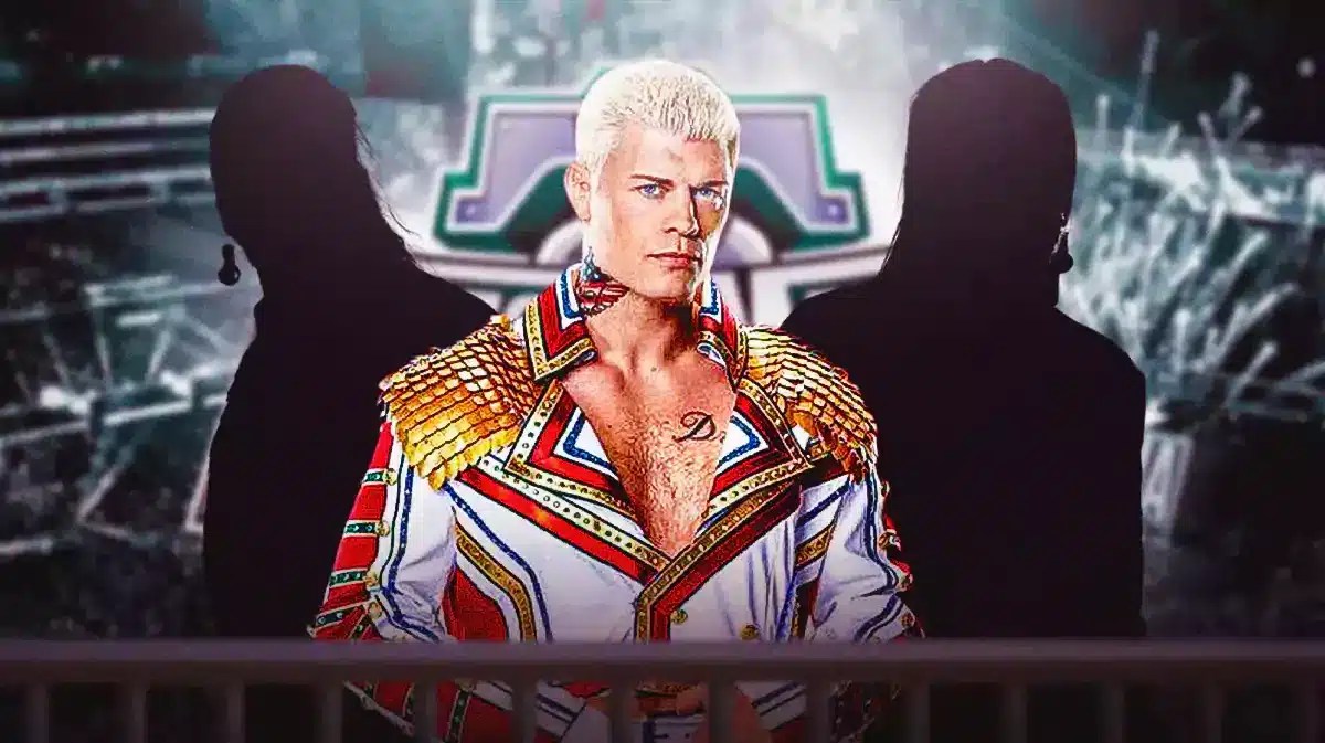 Cody Rhodes with the blacked out silhouette of Nick Jackson of the Young Bucks on his left and the blacked out silhouette of Matt Jackson of the Young Bucks on his right with the WrestleMania 40 logo as the background.