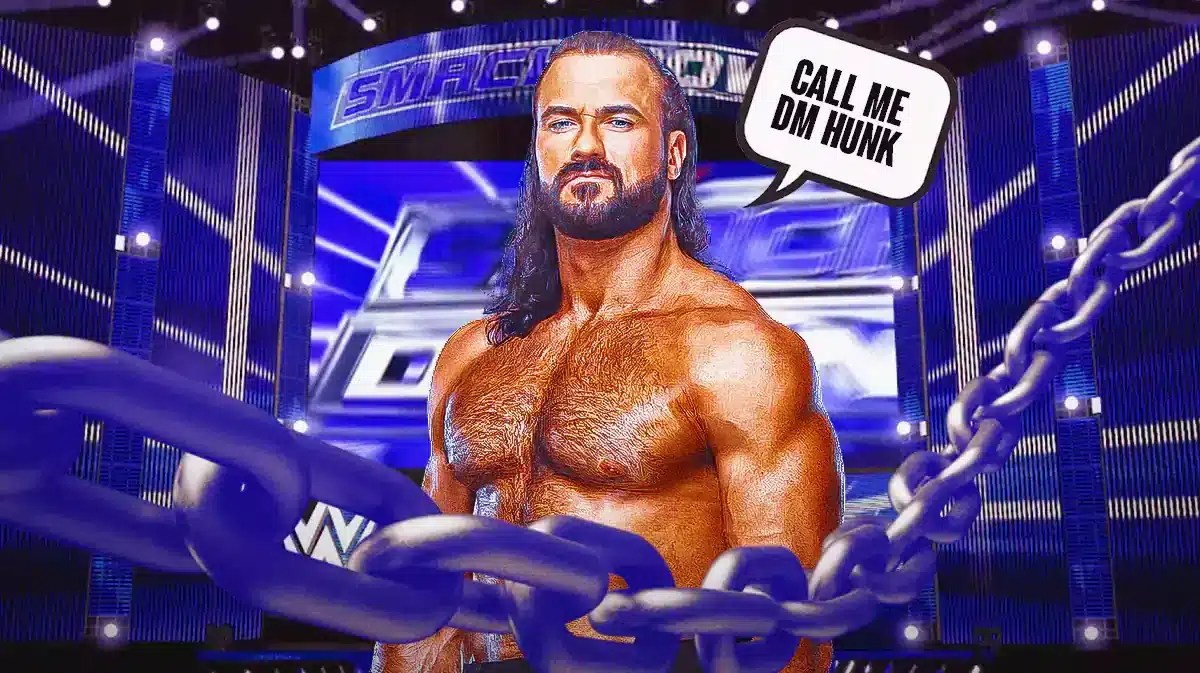 Drew McIntyre with a text bubble reading “Call me DM Hunk” with the SmackDown logo as the background.