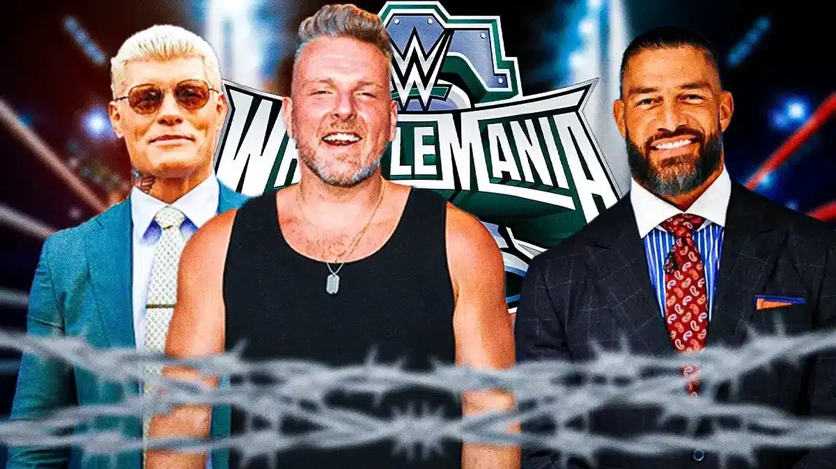 Pat McAfee with a text bubble reading “I'm bummed out!” with Cody Rhodes on his left and Roman Reigns on his right with the WrestleMania 40 logo as the background.