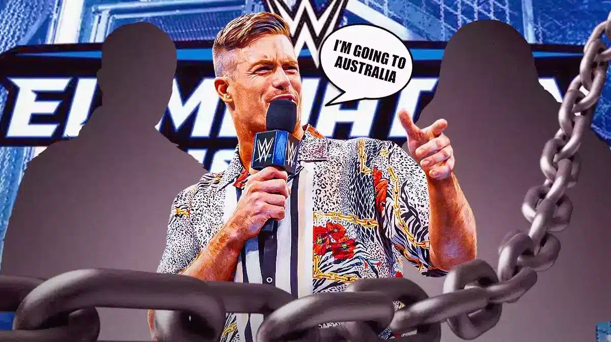 Grayson Waller with a text bubble reading “I’m going to Australia” with the blacked-out silhouette of Seth Rollins on his left and the blacked-out silhouette of Cody Rhodes on his right with the Elimination Chamber logo as the background.