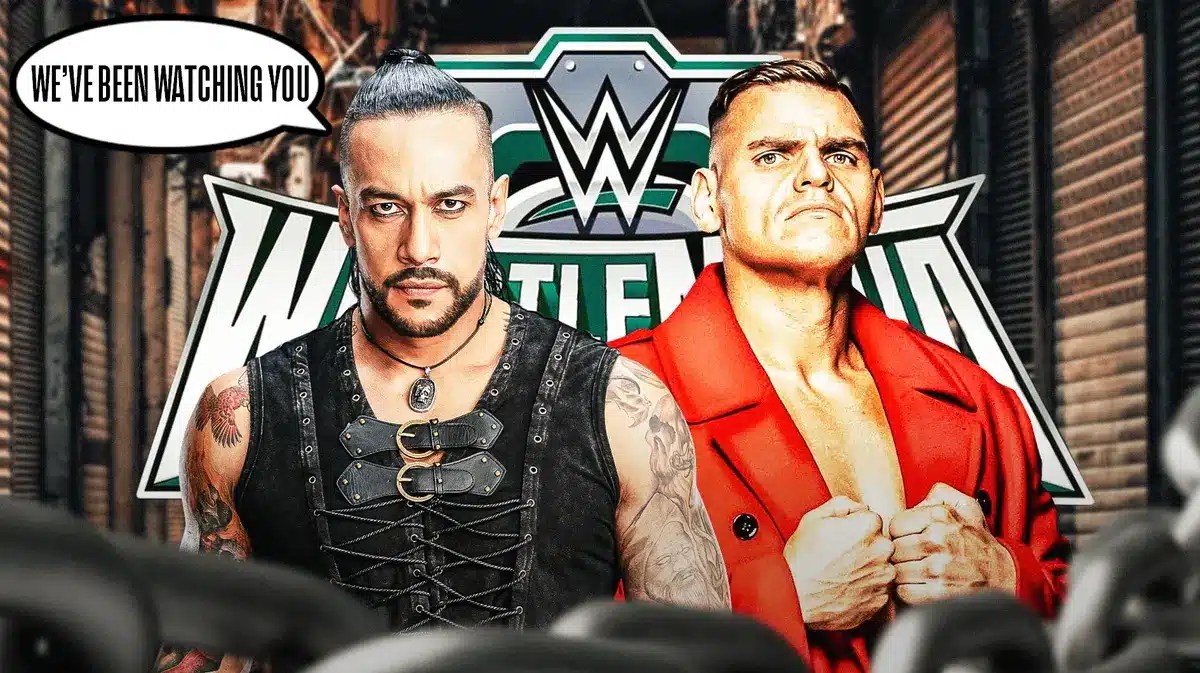 Damian Priest with a text bubble reading “We’ve been watching you” next to Gunther with the WrestleMania 40 logo as the background.