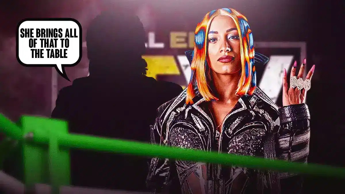 The blacked-out silhouette of Eric Bischoff with a text bubble reading “She brings all of that to the table” next to Mercedes Mone with the AEW logo as the background.