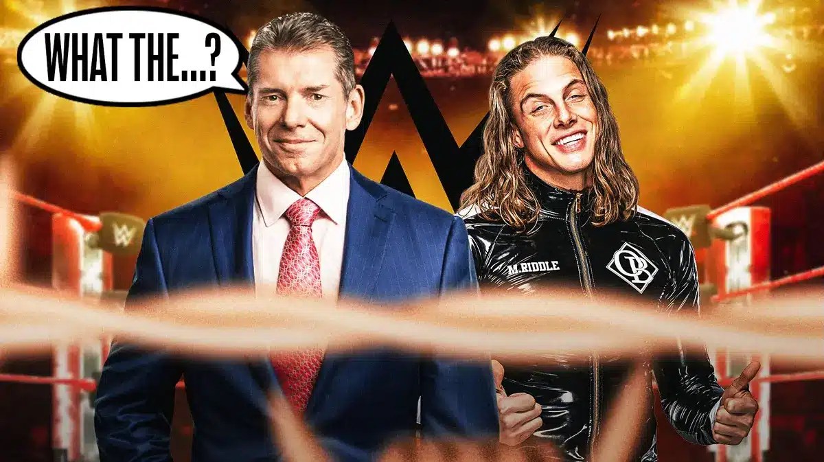 Vince McMahon with a text bubble reading “What the…?” next to Matt Riddle with the WWE logo as the background.